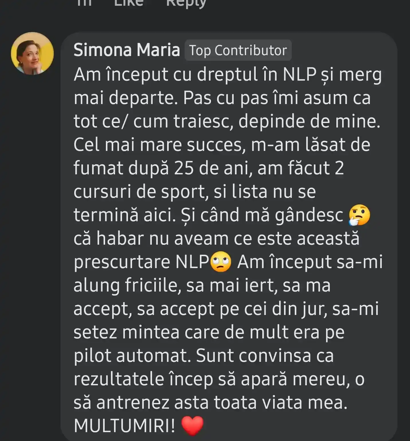 Mesaj primit de la un cursant NLP Mania