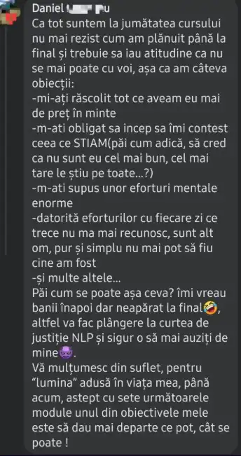 Mesaj primit de la un cursant NLP Mania